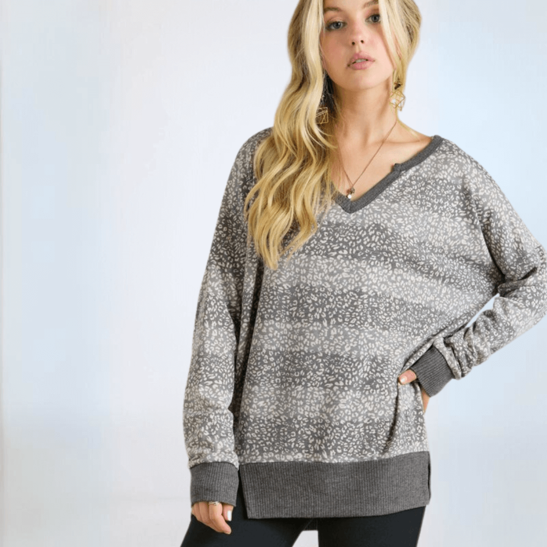 Mixed Pattern V-neck Sweater Top Plus Size Made in USA