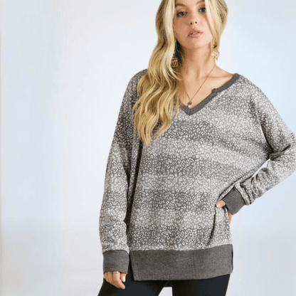 Mixed Pattern V-neck Sweater Top Plus Size Made in USA