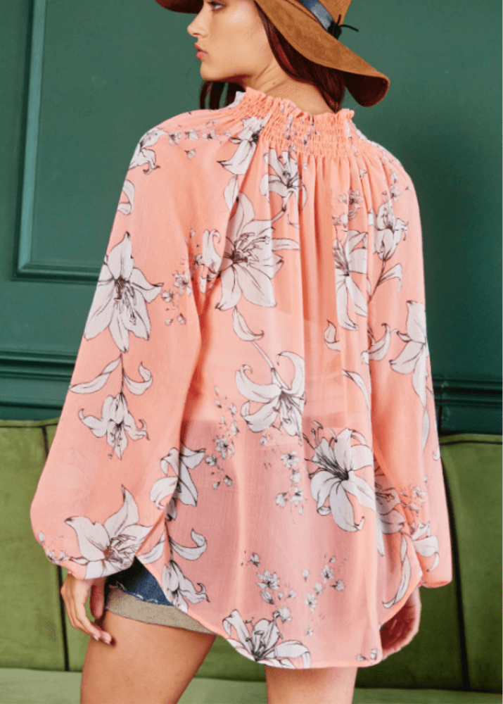 Rosalie Sheer Floral Blouse in Coral