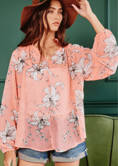 Rosalie Sheer Floral Blouse in Coral