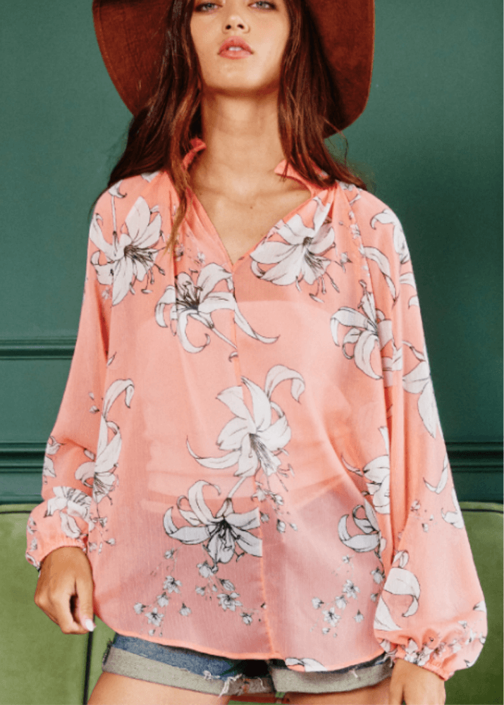 Rosalie Sheer Floral Blouse in Coral