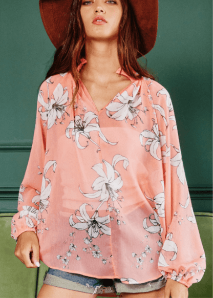 Rosalie Sheer Floral Blouse in Coral