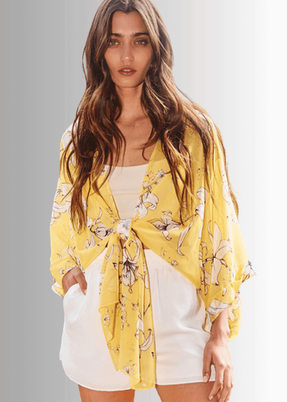 Sheer Floral Tie Front Kimono Cardigan in Yellow