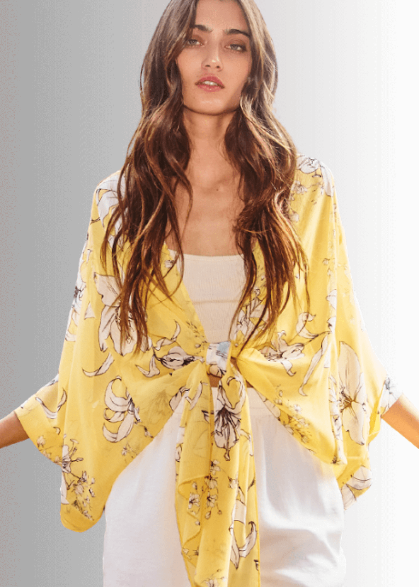 Sheer Floral Tie Front Kimono Cardigan in Yellow