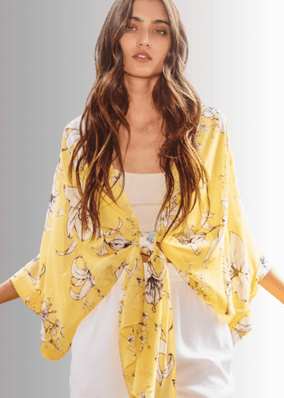 Sheer Floral Tie Front Kimono Cardigan in Yellow