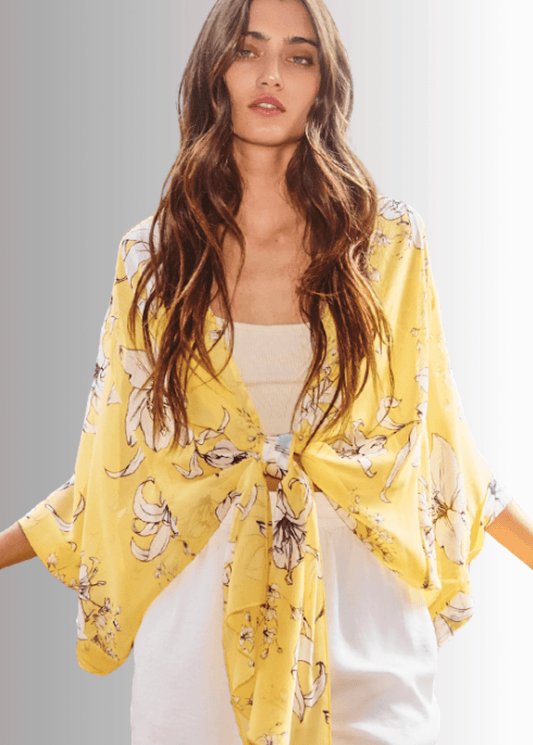 Sheer Floral Tie Front Kimono Cardigan in Yellow