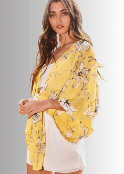 Sheer Floral Tie Front Kimono Cardigan in Yellow