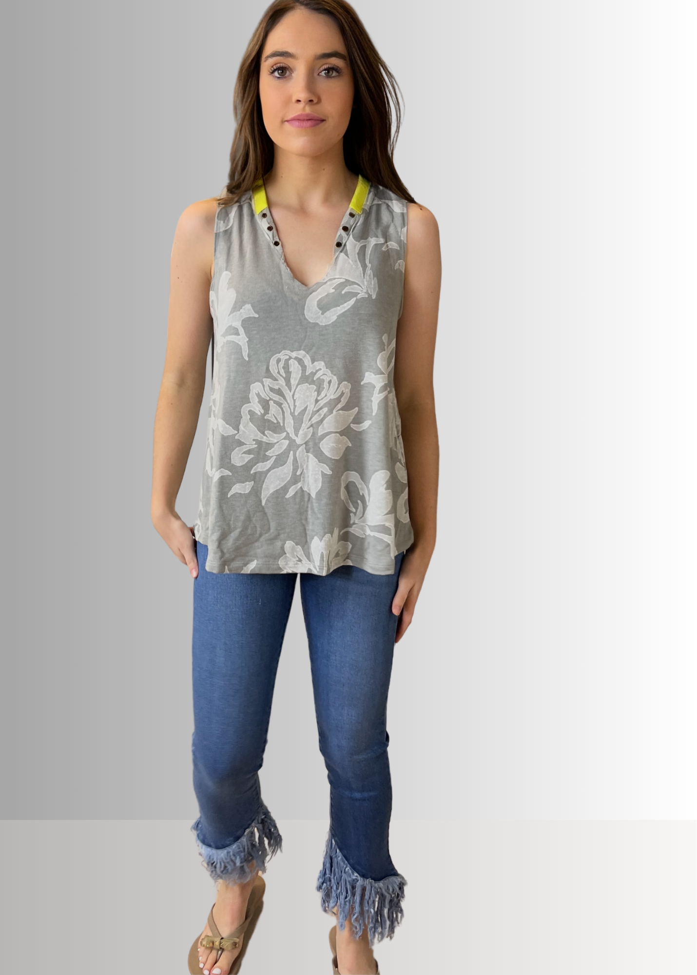 Tropical Floral Grommet Detail Sleeveless Top