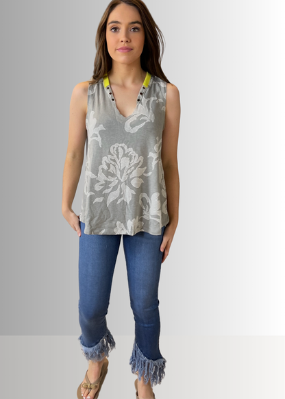 Tropical Floral Grommet Detail Sleeveless Top