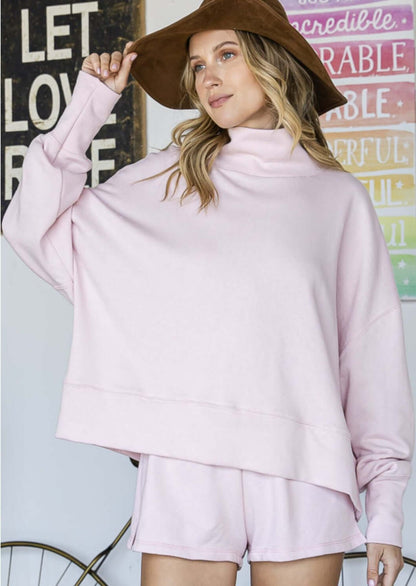 Pale Pink Mock Neck Cotton Terry Sweatshirt