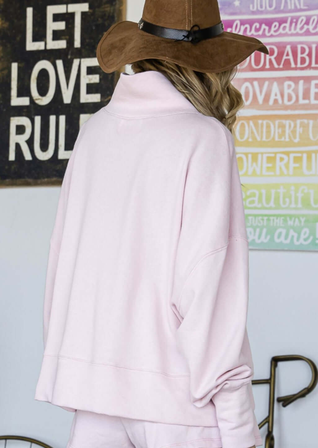 Pale Pink Mock Neck Cotton Terry Sweatshirt
