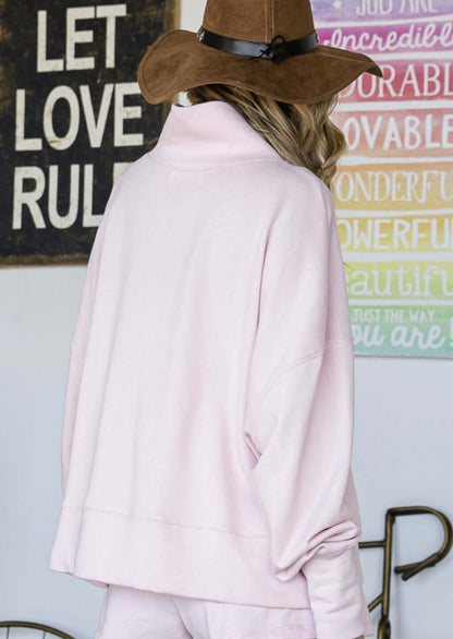 Pale Pink Mock Neck Cotton Terry Sweatshirt