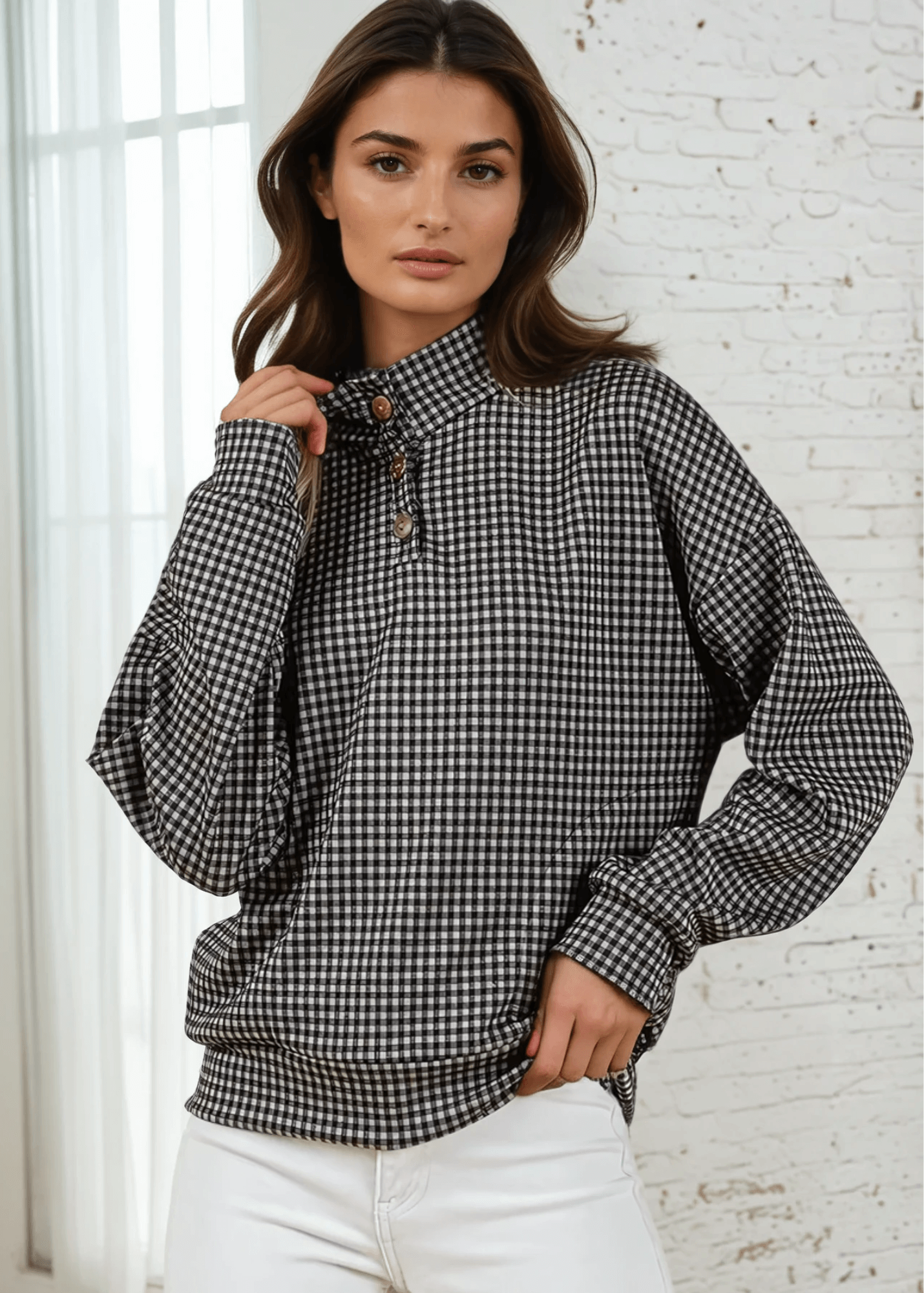 Joanna Plaid Button Collar Pullover
