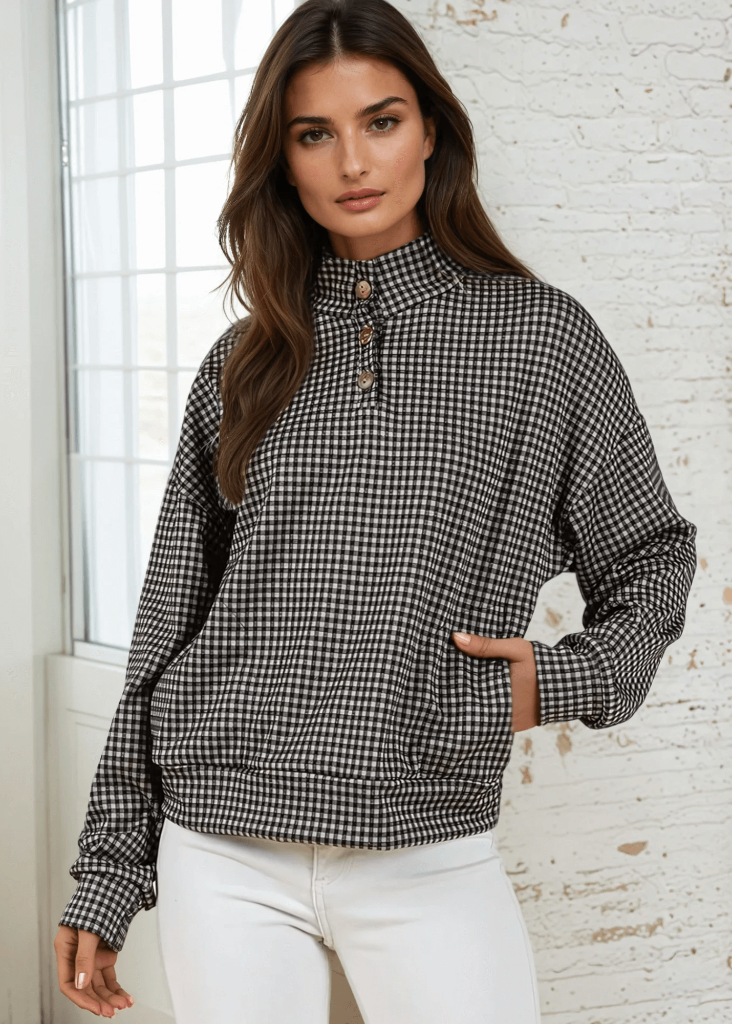 Joanna Plaid Button Collar Pullover