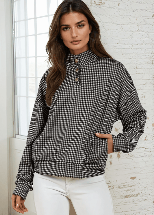 Joanna Plaid Button Collar Pullover