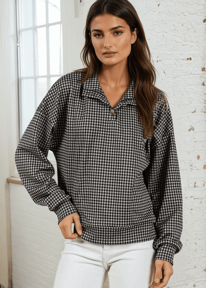 Joanna Plaid Button Collar Pullover