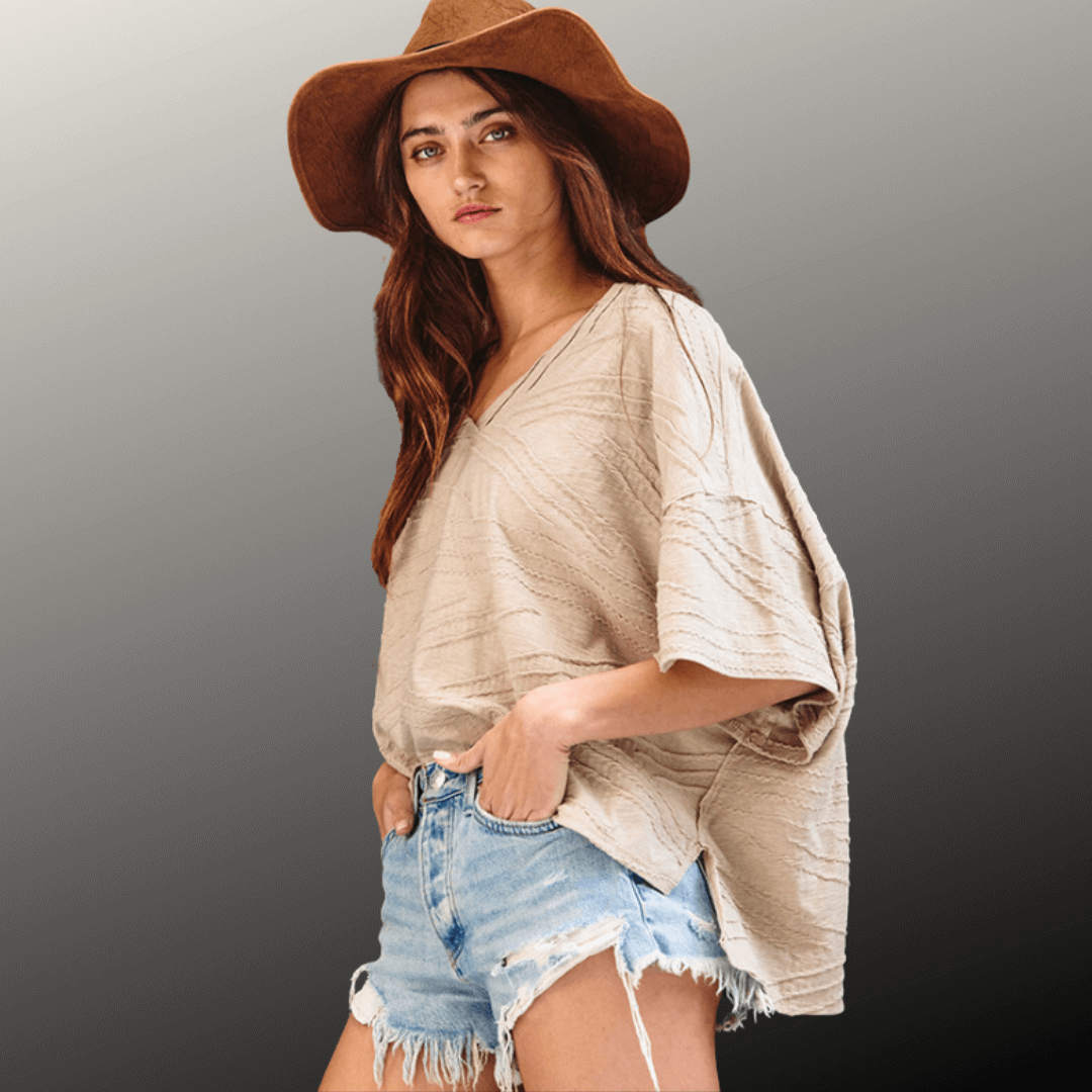 Bucket List Textured V-Neck Boxy Top Made in USA