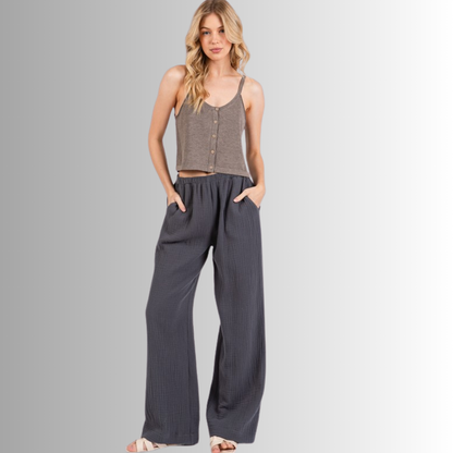 Triple Gauze Cotton Pants in Charcoal Grey