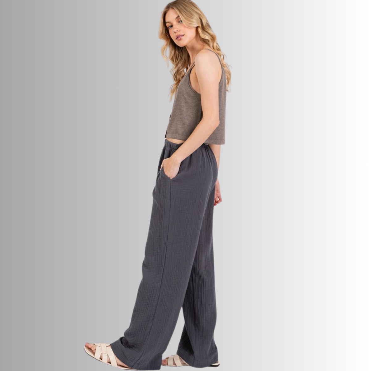 Triple Gauze Cotton Pants in Charcoal Grey