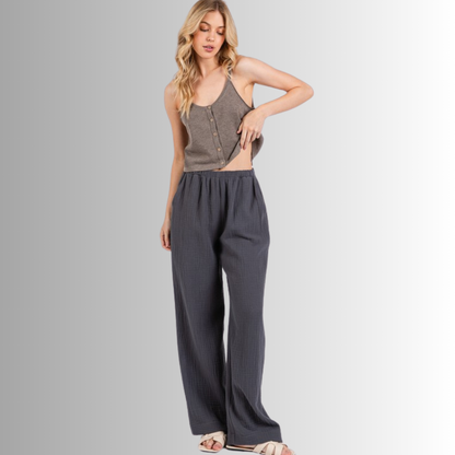 Triple Gauze Cotton Pants in Charcoal Grey