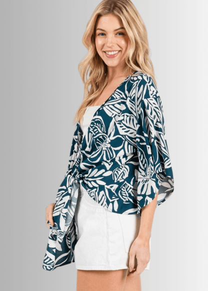 Tropical Teal Tie Front Kimono Cardigan