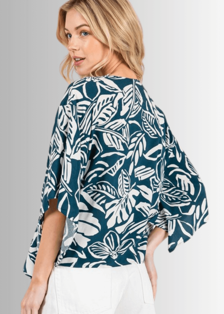 Tropical Teal Tie Front Kimono Cardigan