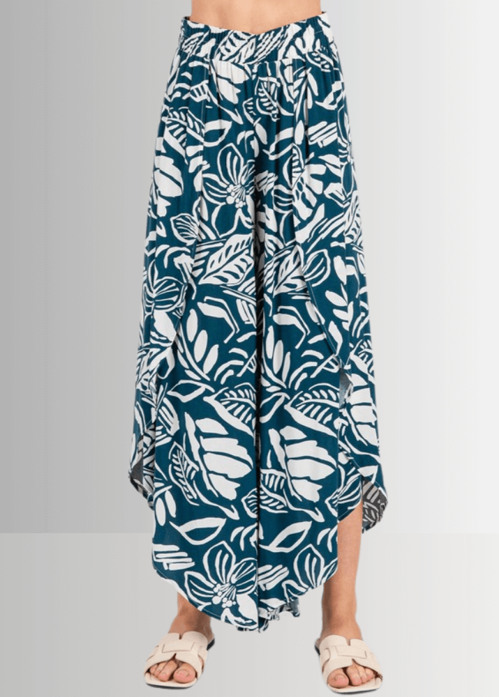 Tropical Teal Split Front Flowy Pants