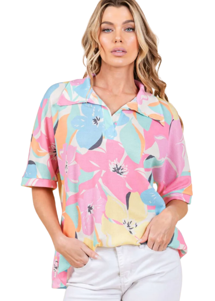 Airy Tropical Print Polo Made in USA