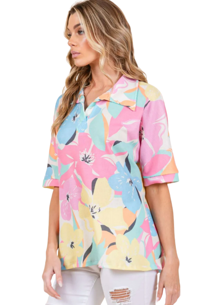 Airy Tropical Print Polo Made in USA