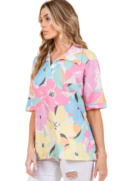 Airy Tropical Print Polo Made in USA