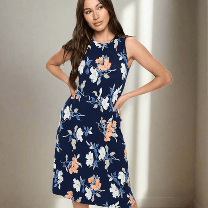 Navy Floral Sleeveless Jersey Dress Made in USA