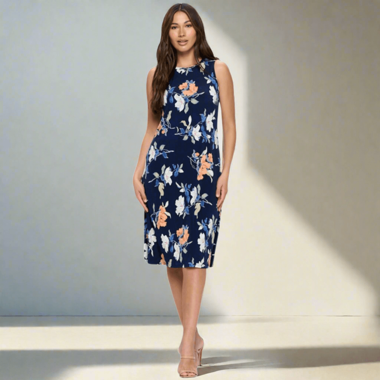 Navy Floral Sleeveless Jersey Dress Made in USA