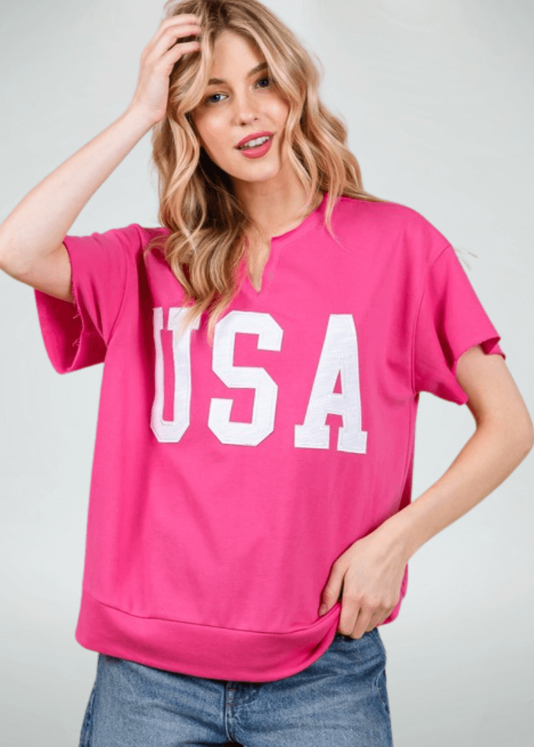 USA Patch Letter Top Pink