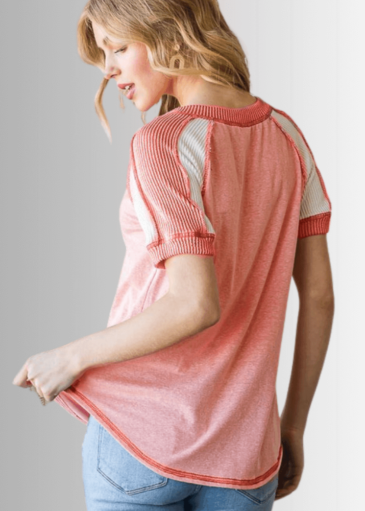 Ari Mixed Fabric V-Neck Raglan Tee