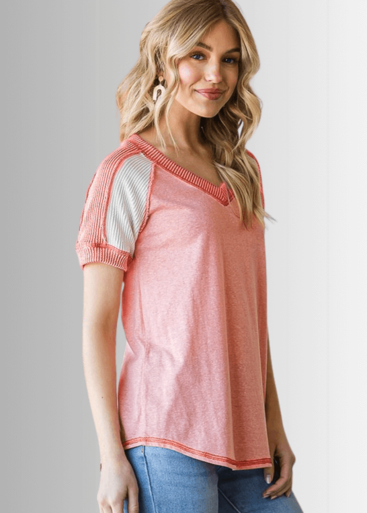 Ari Mixed Fabric V-Neck Raglan Tee
