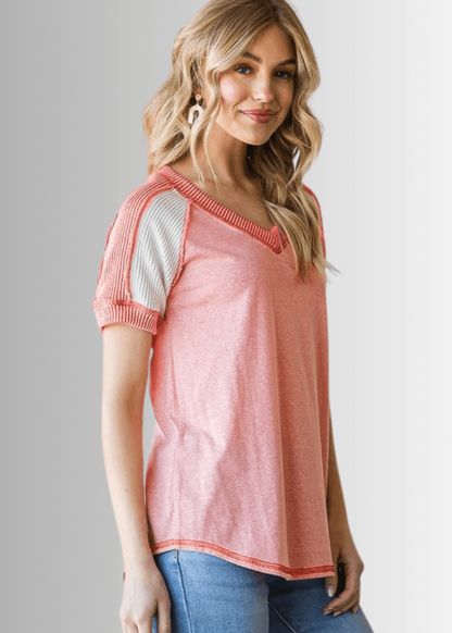 Ari Mixed Fabric V-Neck Raglan Tee