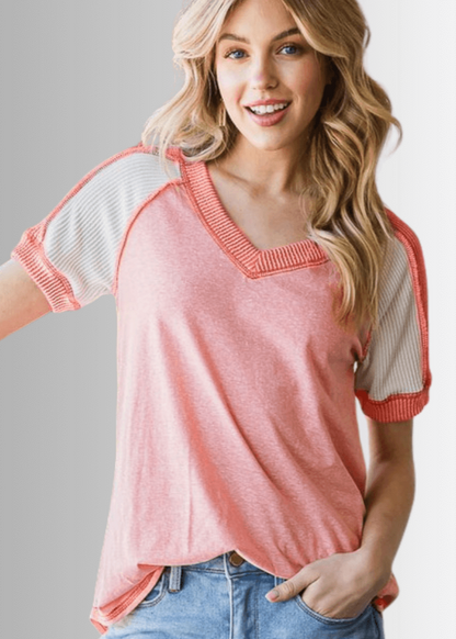 Ari Mixed Fabric V-Neck Raglan Tee