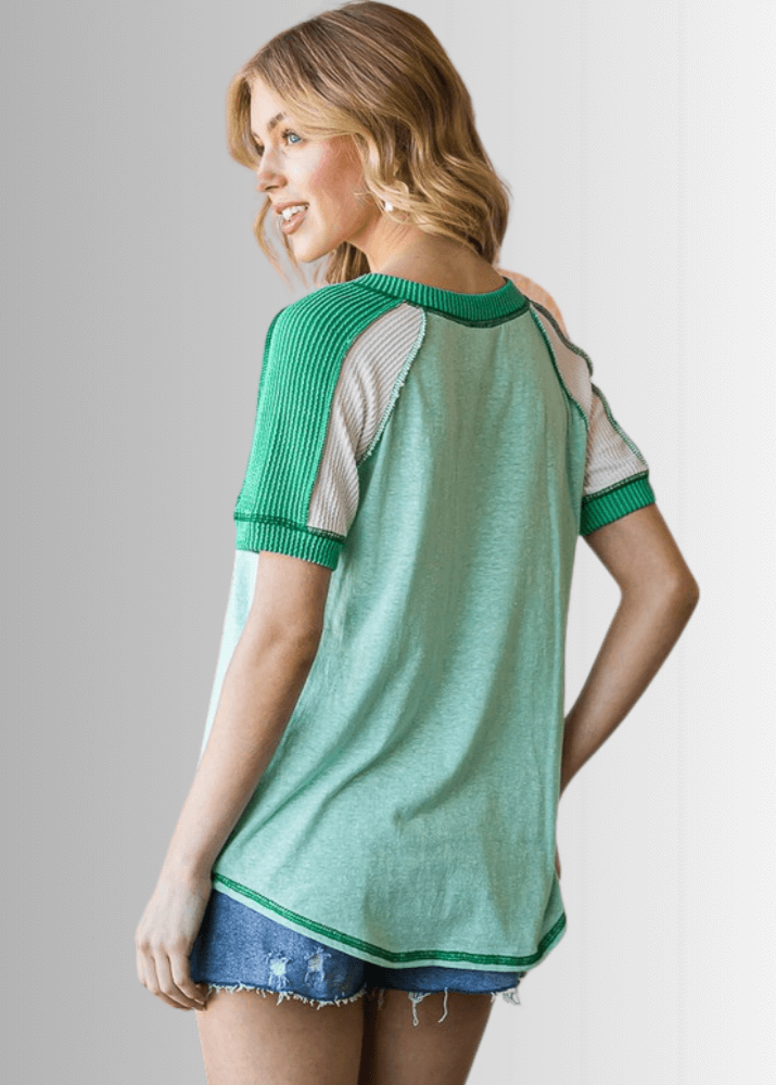 Ari Mixed Fabric V-Neck Raglan Tee