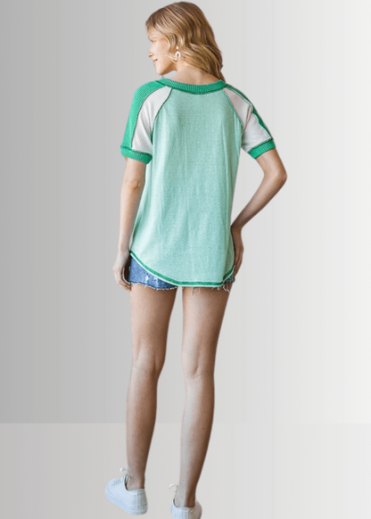 Ari Mixed Fabric V-Neck Raglan Tee