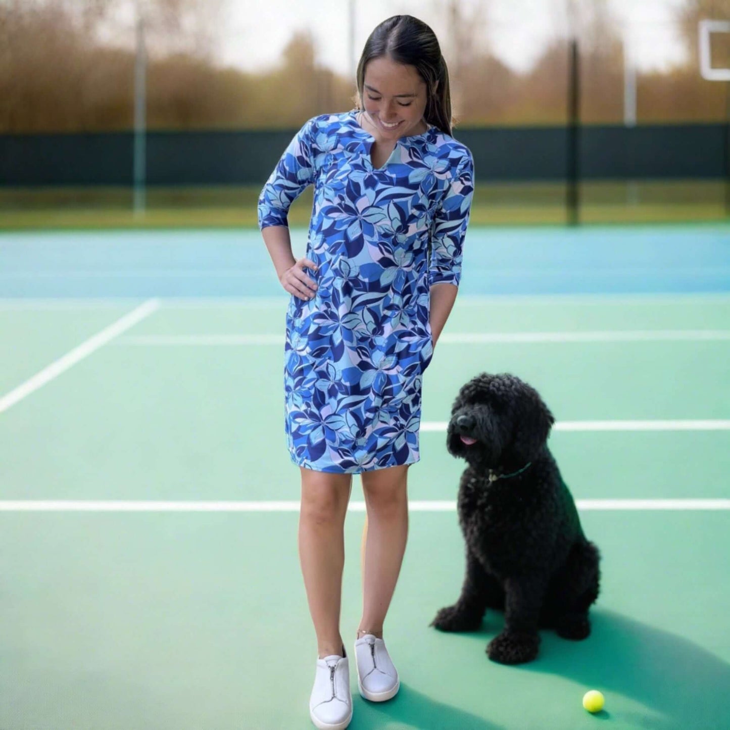 Venice 3/4 Sleeve Placket Dress in Sea Petals Print Made in USA