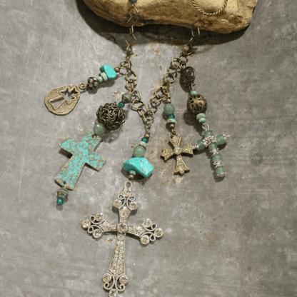 Vintage Cross Jade and Patina Charm Statement Necklace