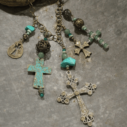 Vintage Cross Jade and Patina Charm Statement Necklace
