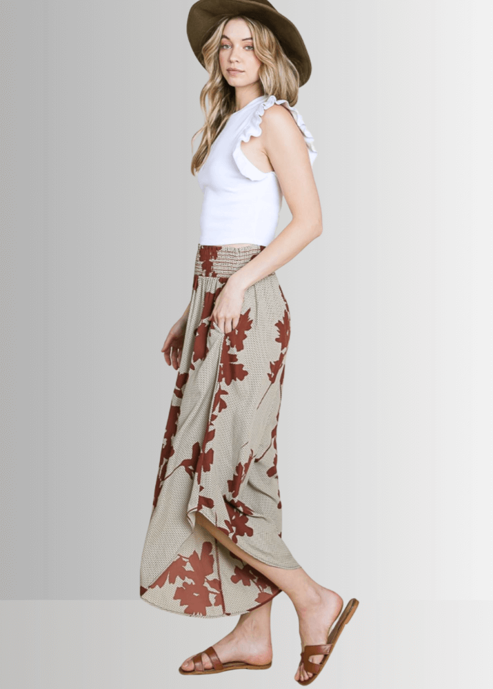 Easy Breezy Smocked Diagonal Cut Gaucho Pants in Sage