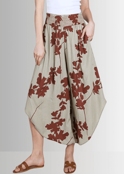 Easy Breezy Smocked Diagonal Cut Gaucho Pants in Sage