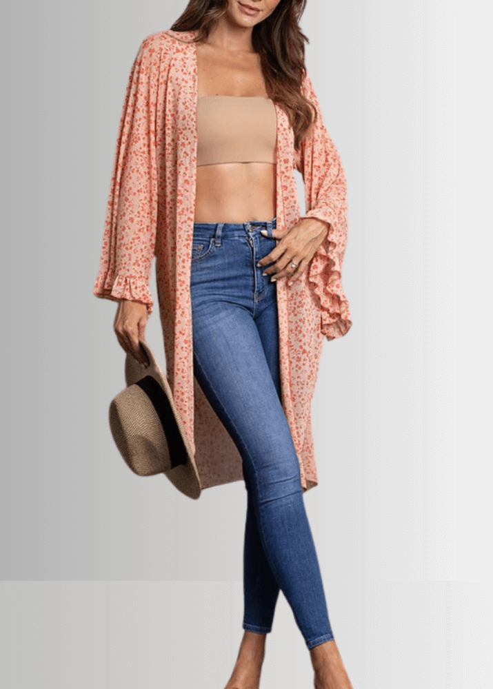 Coral Floral Bell Sleeve Kimono