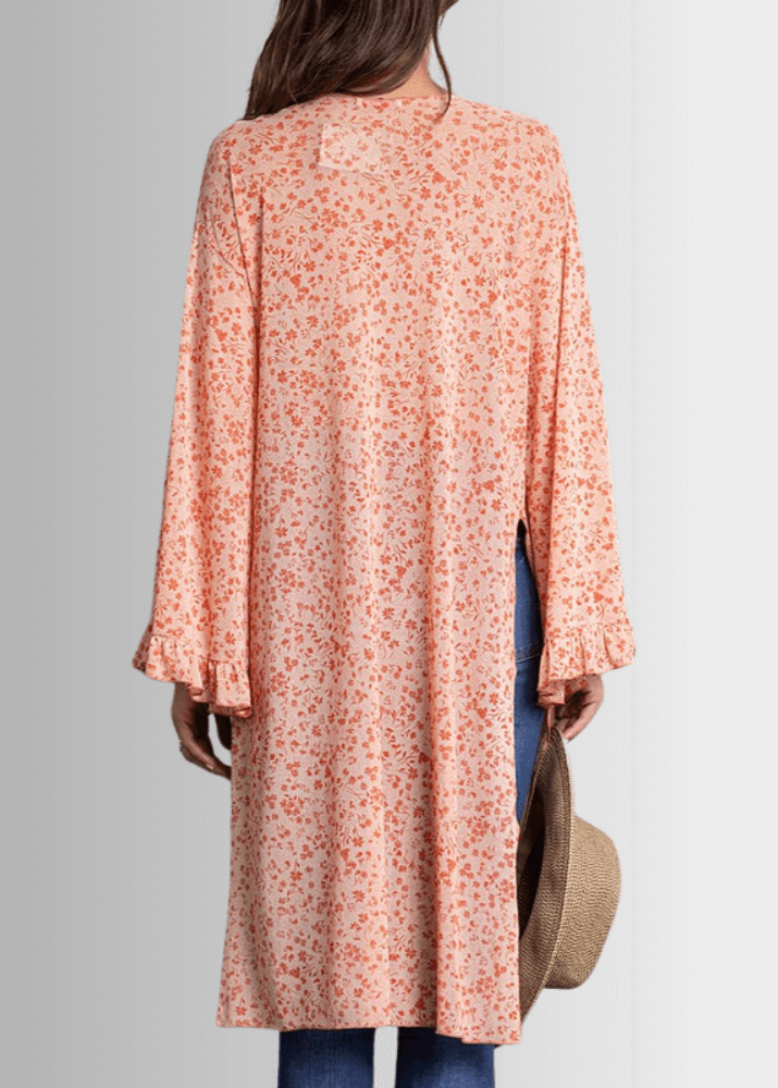 Coral Floral Bell Sleeve Kimono
