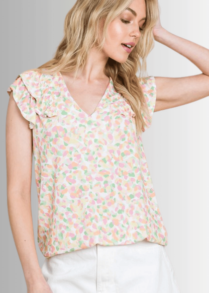 Summer Casual Ruffle Trim Top Flutter Sleeve