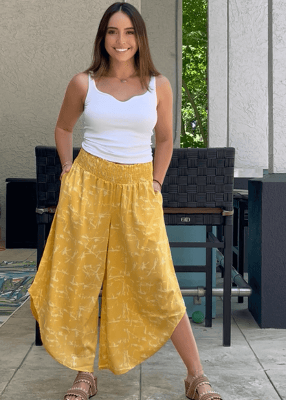 Easy Breezy Smocked Diagonal Cut Gaucho Pants in Yellow