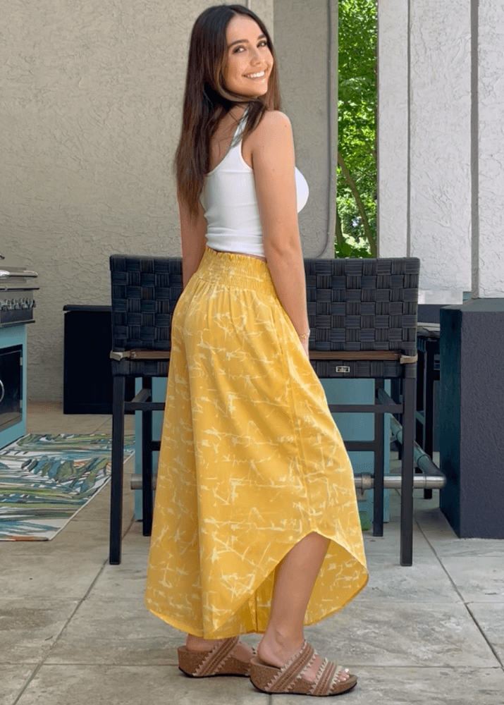 Easy Breezy Smocked Diagonal Cut Gaucho Pants in Yellow