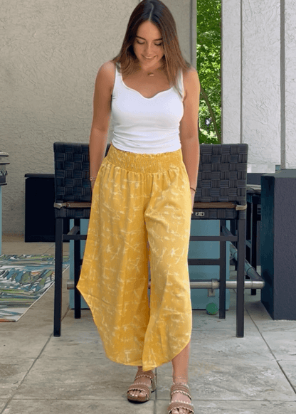 Easy Breezy Smocked Diagonal Cut Gaucho Pants in Yellow